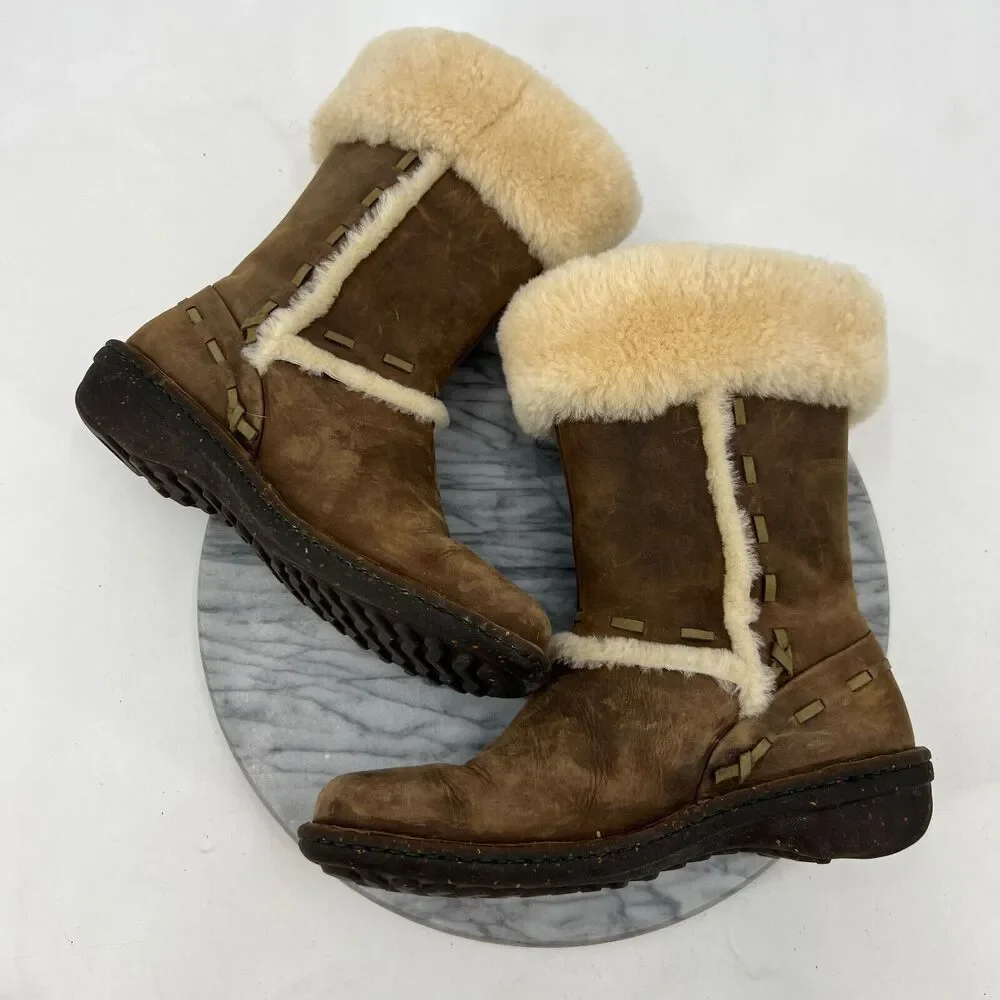 UGG Womens‎ 9 Boots Elijo Brown Leather Cuff Lined Sheepskin Faux Fur Shearling